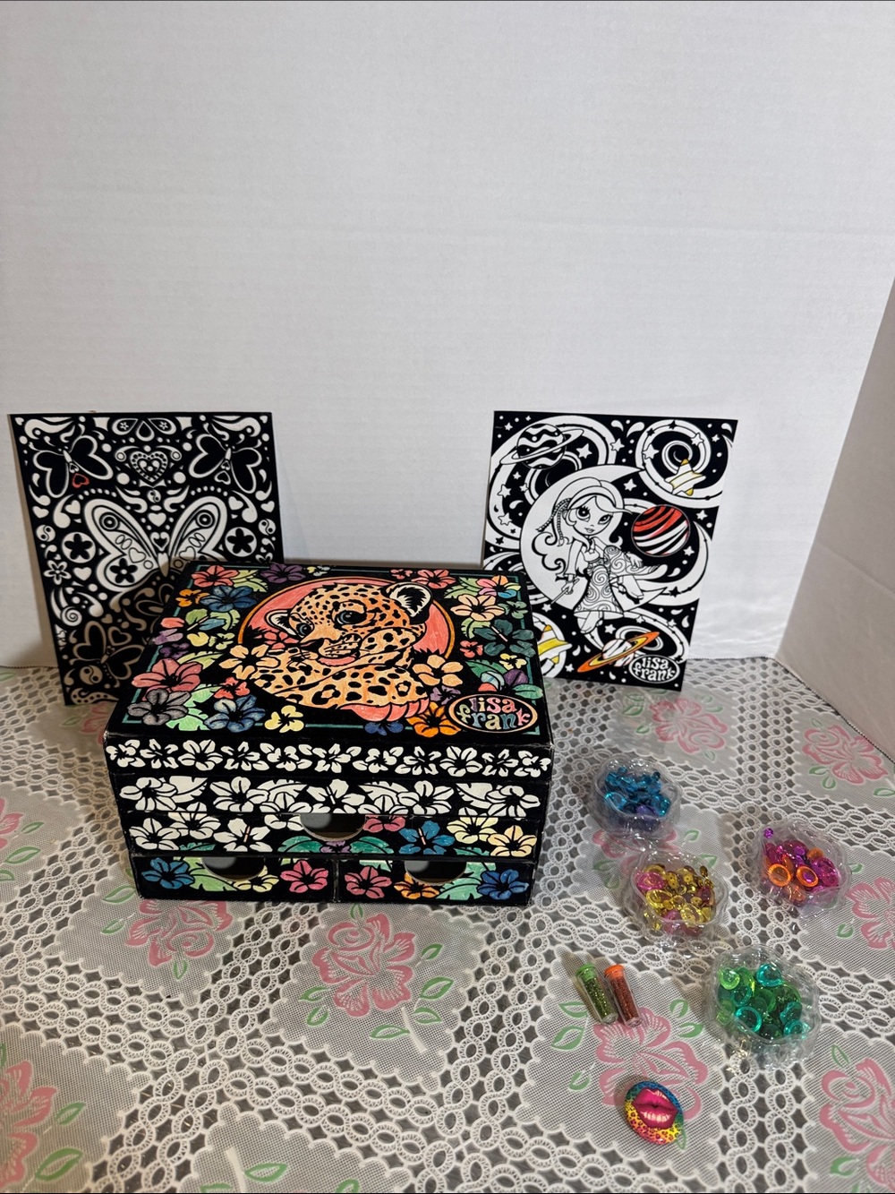 Vintage Lisa Frank Tiger Cub Jewelry Box Chest Drawers Velvet Colored Fuzzy